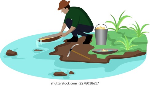 gold diggers wash sand in river to search of treasure in mine vector illustration,  search gold nugget in river from gold mine worker. gold mineral extraction