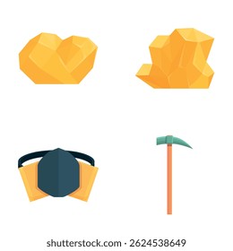 Ícones de escavação ouro definir o vetor de desenhos animados. Equipamentos de mineração e pepitas de ouro. Goldmine