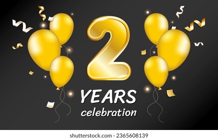 Gold Digit 2. Two year celebration. Golden balloons and streamers.