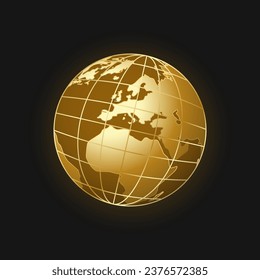 Gold digital 3d planet digital earth. Global seas and business oceans with geographic lands for graphic vector design
