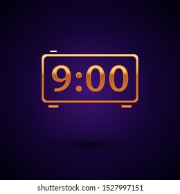 Gold Digital alarm clock icon isolated on dark blue background. Electronic watch alarm clock. Time icon.  Vector Illustration