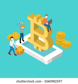 gold digital bitcoin cryptocurrency isometric concept, vector