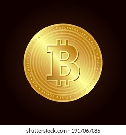 Gold digital cryptocurrency bitcoin on dark background. Technology worldwide network concept. Blockchain bitcoin isolated icon. Use for logo, print products, page and web decor. Vector illustration