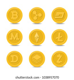 gold digital cryptocurrency coins, realistic coin icon isolated on white. vector