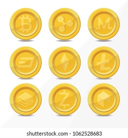 gold digital cryptocurrency coins, realistic coin icon isolated on white. vector