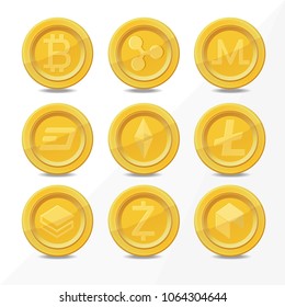 gold digital cryptocurrency coins, realistic coin object icon isolated on white. vector illustration