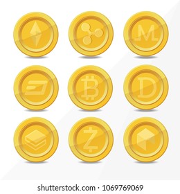 gold digital cryptocurrency coins, realistic coin icon isolated on white. vector