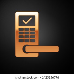 Gold Digital door lock with wireless technology for unlock icon isolated on black background. Door handle sign. Security smart home of concept. Vector Illustration