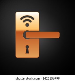 Gold Digital door lock with wireless technology for unlock icon isolated on black background. Door handle sign. Security smart home of concept. Vector Illustration