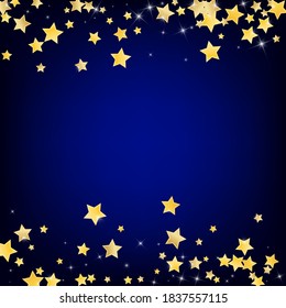 Gold Digital Stars Vector Blue Background. Cosmos Dust Border. Star Banner. Yellow Elegant Universe Background.