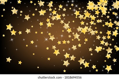 Gold Digital Stars Vector Brown Background. Shiny Starry Border. Space Banner. Golden Decoration Sky Design.