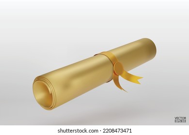 Gold Diploma, close up of gold paper scroll with golden ribbon isolated on white background. Graduation Degree Scroll with Medal. Education certificate graduation scroll icon. 3D vector illustration.