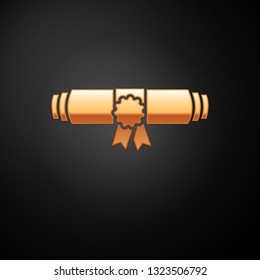 Gold Diploma rolled scroll with stamp and ribbon icon isolated on black background. Paper scroll with wax seal. Graduation concept. Business certificate. Vector Illustration