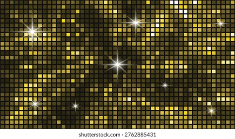 Gold disco ball background with shiny tiles and sparkling lights for party decoration and festive ambiance