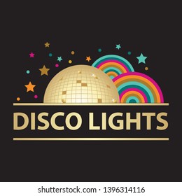 gold disco ball, colorful lights and stars, vector