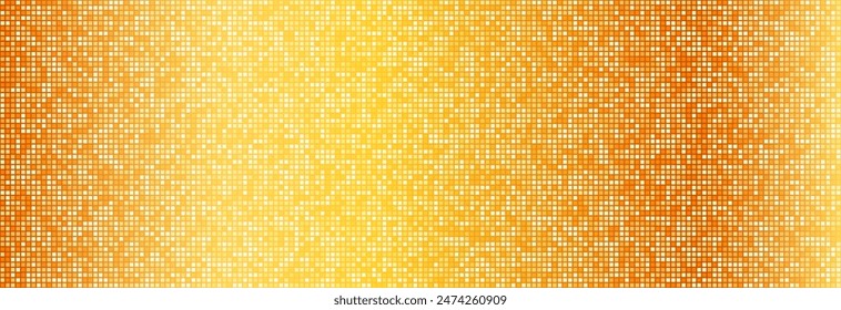 Gold disco party pattern. Yellow square sequin mosaic texture background. Abstract golden shining glitter halftone wallpaper. Pop up comic sparkling glitter backdrop. Retro vector design template