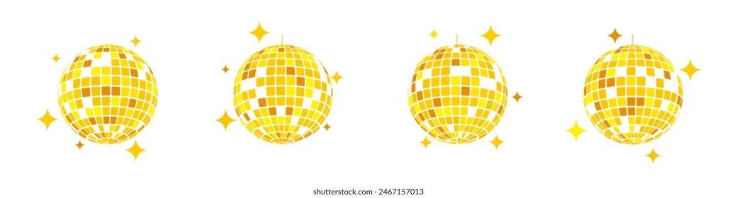 Gold discoball icons. Music party yellow mirrorballs in 70s 80s 90s discotheque style. Shining nightclub globes with blings. Nightlife, holiday, festive vintage symbol. Vector flat illustration.