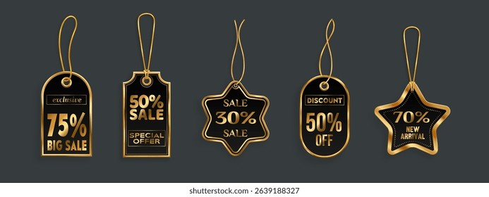 Gold discount badge collection with hanging strings on dark background. Luxury sale tags with various percentages on special offer labels. Premium retail pricing markers for shopping promotions.