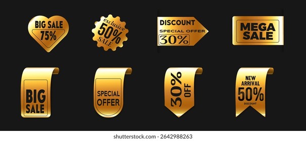 Coleção de distintivo de desconto de ouro com acabamento metálico brilhante - forma do coração grande venda, explosão estrela preço exclusivo fora, etiqueta de oferta especial, retângulo de venda mega, etiquetas de fita curvas para promoções de varejo.