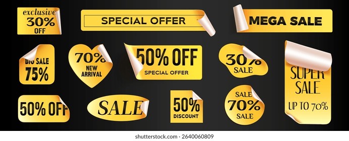 Gold discount badge sticker collection with peeling corners on black background. Yellow sale labels with various offers - mega sale exclusive banners, special offer ribbons. Retail promotional tags.