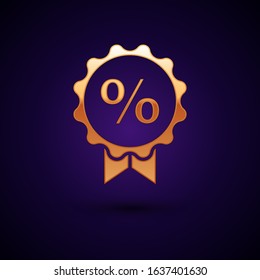 Gold Discount percent tag icon isolated on dark blue background. Shopping tag sign. Special offer sign. Discount coupons symbol.  Vector Illustration