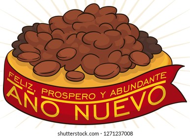 Gold dish with a bunch of lentils and a greeting ribbon to celebrate the traditional omen for abundance and prosperous New Year (texts written in Spanish).