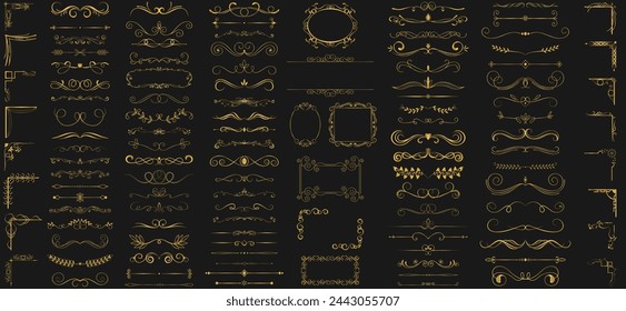 Divisor de oro y elementos de diseño conjunto de varios diseños simples de divisor negro, vector de plantilla de colección de divisores surtidos. Marco de la foto de oro con la línea de la esquina Tailandia floral para la imagen. 