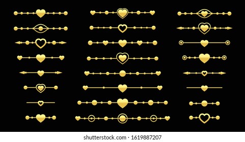 Gold dividers, metal effect with heart and arrow elements. Divider for valentine card border, book page, love text, certificate, wedding invitation, menu, romantic hearts design, vector illustration