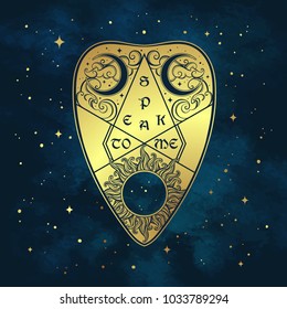 Gold divination board planchette over the blue sky and stars. Antique style boho chic sticker or fabric print design vector illustration