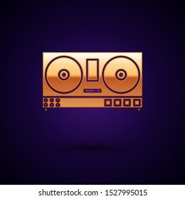 Gold DJ remote for playing and mixing music icon isolated on dark blue background. DJ mixer complete with vinyl player and remote control.  Vector Illustration