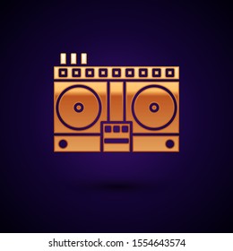 Gold DJ remote for playing and mixing music icon isolated on dark blue background. DJ mixer complete with vinyl player and remote control.  Vector Illustration
