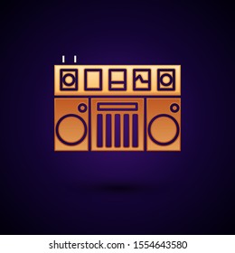 Gold DJ remote for playing and mixing music icon isolated on dark blue background. DJ mixer complete with vinyl player and remote control.  Vector Illustration