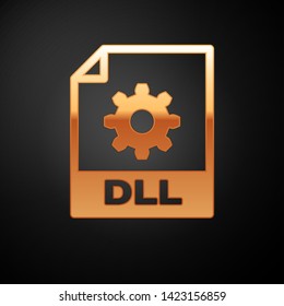 Gold DLL file document icon. Download dll button icon isolated on black background. DLL file symbol. Vector Illustration