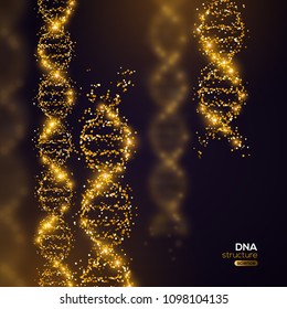 Gold DNA Helix on Black Background with Glittering Particles. Vector illustration. Science and Medical Research Concept Banner with Molecular Structure and Broken Strands