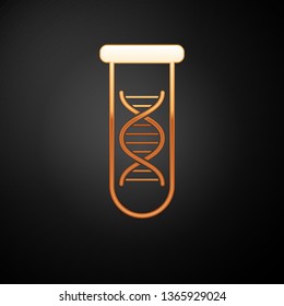 Gold DNA research, search icon isolated on black background. Genetic engineering, genetics testing, cloning, paternity testing. Vector Illustration