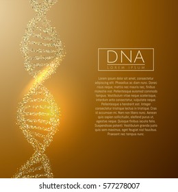 Gold DNA sequence glitter shiny vector illustration. Science molecule structure backgroundbackground. Vector eps10.