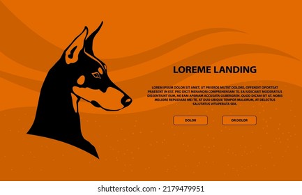 Gold Doberman head illustration on a ginger background for landing page. Black Monochrome Dog silhouette, side view.