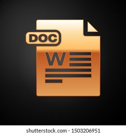Gold DOC file document. Download doc button icon isolated on black background. DOC file extension symbol.  Vector Illustration