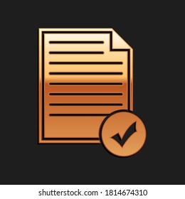 Gold Document and check mark icon isolated on black background. Checklist icon. Business concept. Long shadow style. Vector.