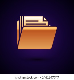 Gold Document folder icon isolated on dark blue background. Accounting binder symbol. Bookkeeping management.  Vector Illustration