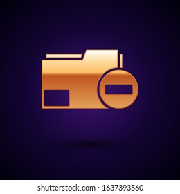 Gold Document folder with minus icon isolated on dark blue background. Clear document. Remove file document. Delete information file.  Vector Illustration