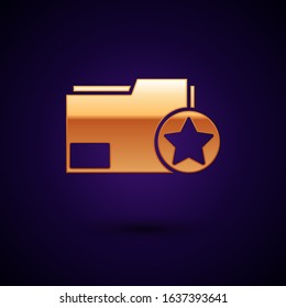 Gold Document folder with star icon isolated on dark blue background. Document best, favorite, rating symbol.  Vector Illustration
