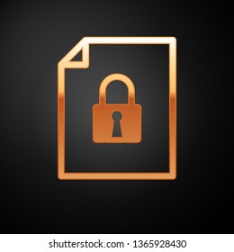 Gold Document and lock icon isolated on black background. File format and padlock. Security, safety, protection concept. Vector Illustration