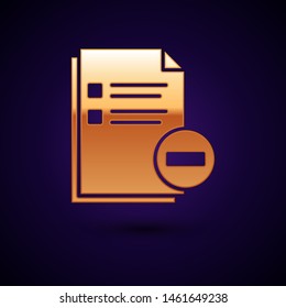 Gold Document with minus icon isolated on dark blue background. Clear document. Remove file document. Delete information file.  Vector Illustration