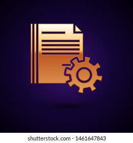 Gold Document settings with gears icon isolated on dark blue background. Software update, transfer protocol, teamwork tool management.  Vector Illustration