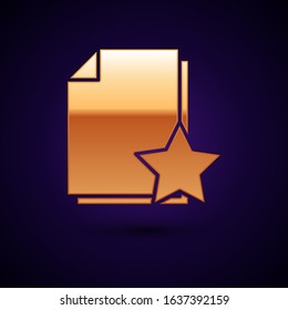 Gold Document with star icon isolated on dark blue background. Document best, favorite, rating symbol.  Vector Illustration