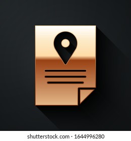Gold Document tracking marker system icon isolated on black background. Parcel tracking. Long shadow style. Vector Illustration