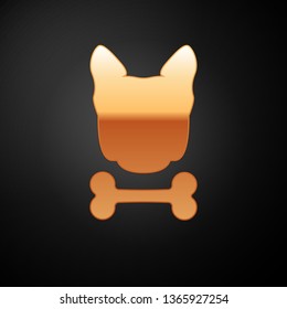 Gold Dog and bone icon isolated on black background. Pets food symbol. Vector Illustration