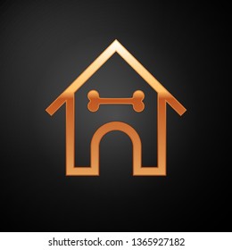Gold Dog house and bone icon isolated on black background. Dog kennel. Vector Illustration