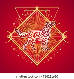 Gold Dog silhouette. Chinese zodiac abstract animal symbol of new year 2018. 
